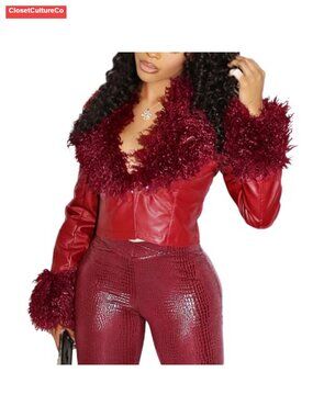 Faux Leather Cropped Moto Jacket V Neck Buckle Cinched Waist